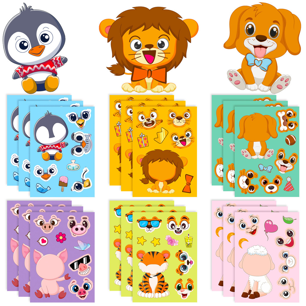 

6Sheets Children DIY Puzzle Sticker Games 6 Animals Make A Face Funny Assemble Jigsaw Stickers Kids Educational Toys