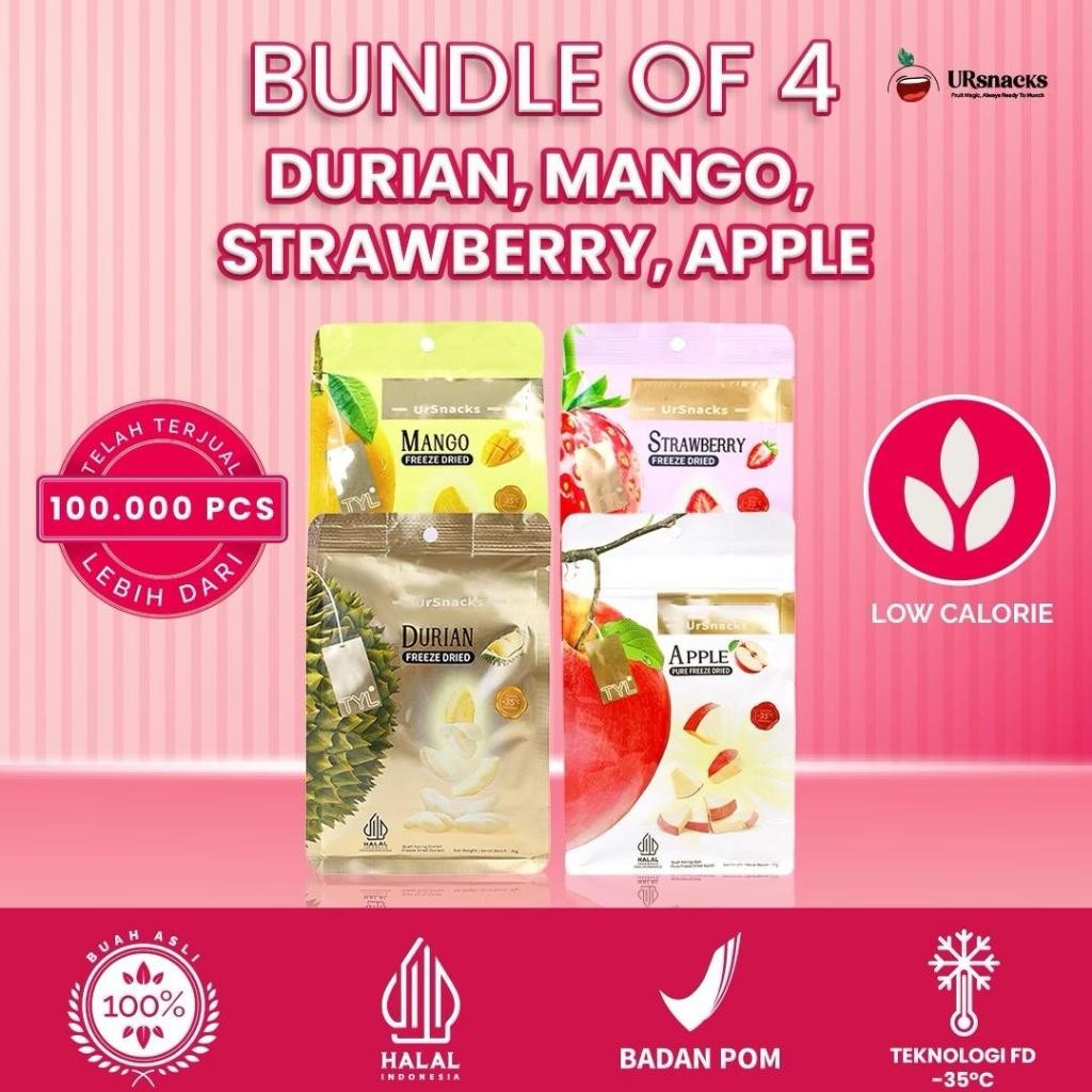 

URSNACKS Bundle Of 4 - Freeze Dried Keripik Buah Mangga + Durian + Apel + Strawberry