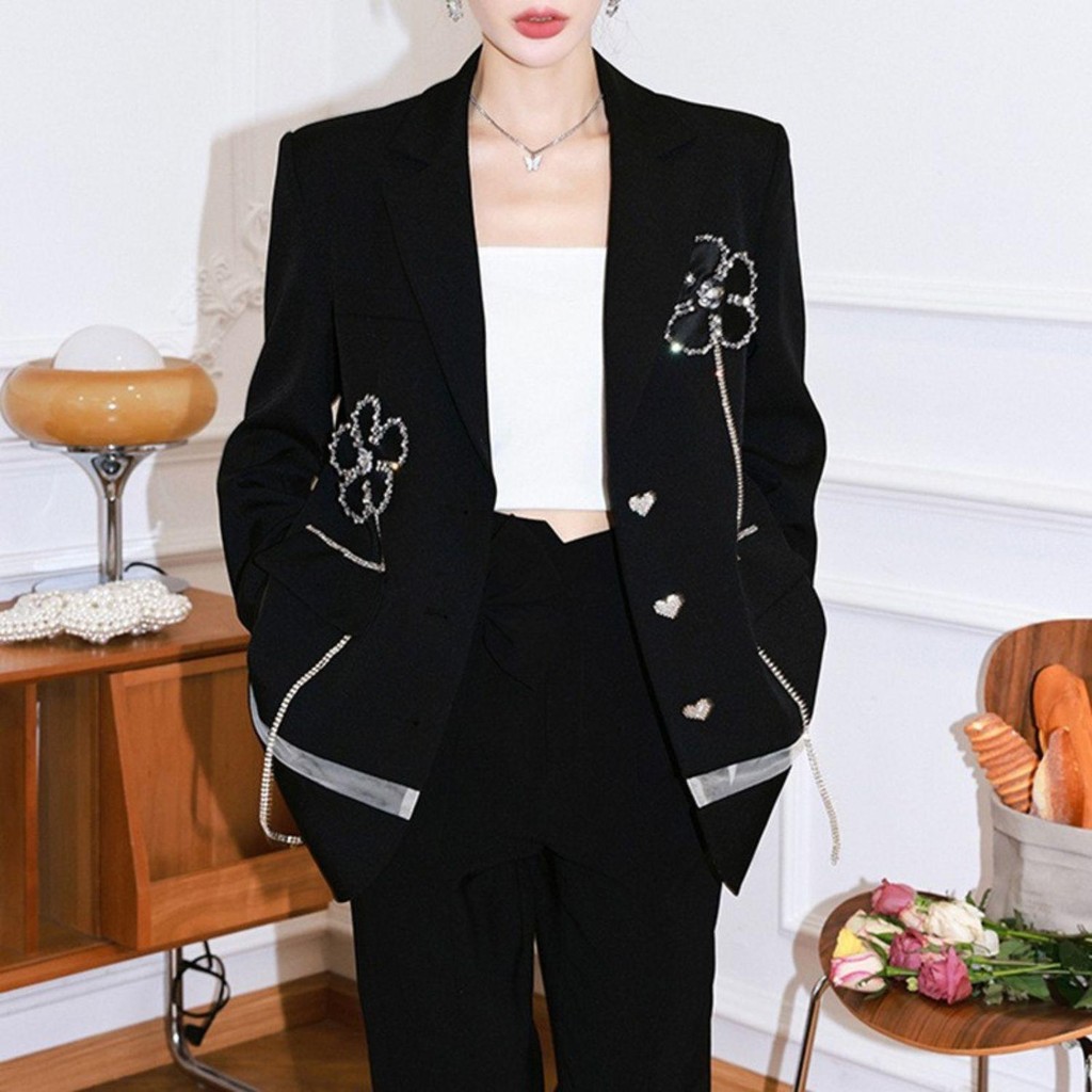 FOLADY - P538 Atasan Blazer Oversize Wanita Import Lengan Panjang Kerah V - neck Warna Hitam Bermoti