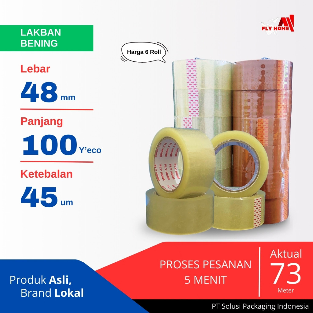 

Flyhome Lakban Bening 100yard 2inchi 48mm x 100yard 6 Roll 100 Yard Eco