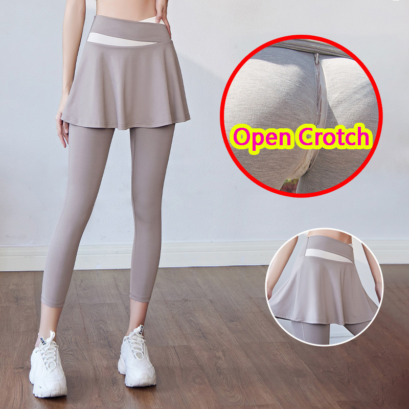 Woman Open Crotch Leggings with Fake Skirt Hidden Zippers Crotchless Panties Elastic Skinny Sport Gi
