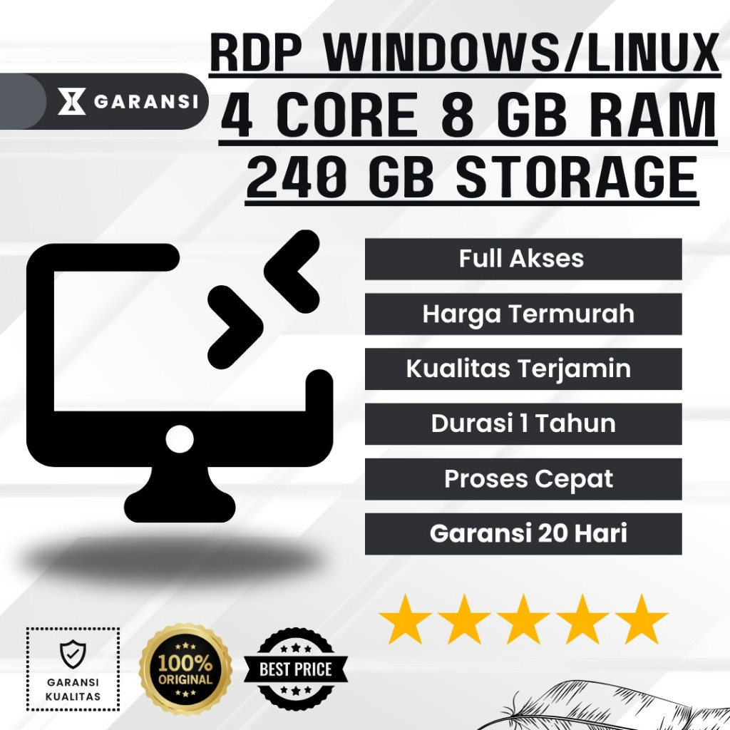 VPS/RDP Windows/Linux 1 Bulan Bergaransi Ram 8GB 4 Core 240GB Ssd