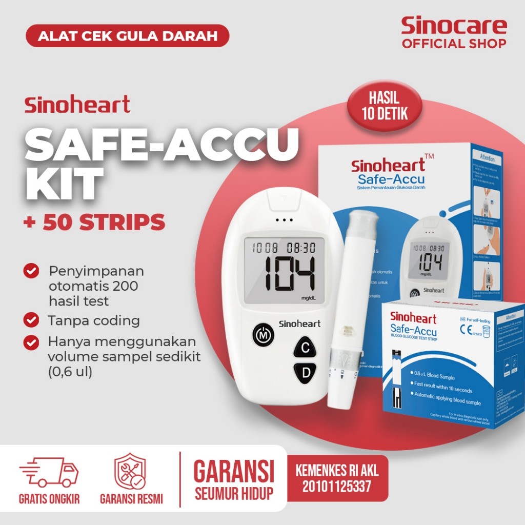 Gula Darah Sinocare Safe-Accu Alat Tes Gula Darah Instant Alat Cek Gula 200 Memori 50KIT