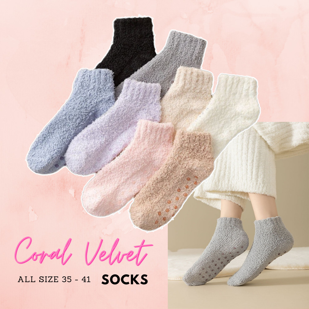 Kaos Kaki Tebal Pendek Wanita Katun Polos Warna Coral Velvet Ankle Socks JCKK367