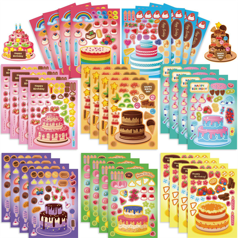 

Make-a-Cake Sticker Sheets DIY Make Your Own Birthday Cake Puzzle Stickers for Kids Boys Girls Party Favor Games Toys Gifts