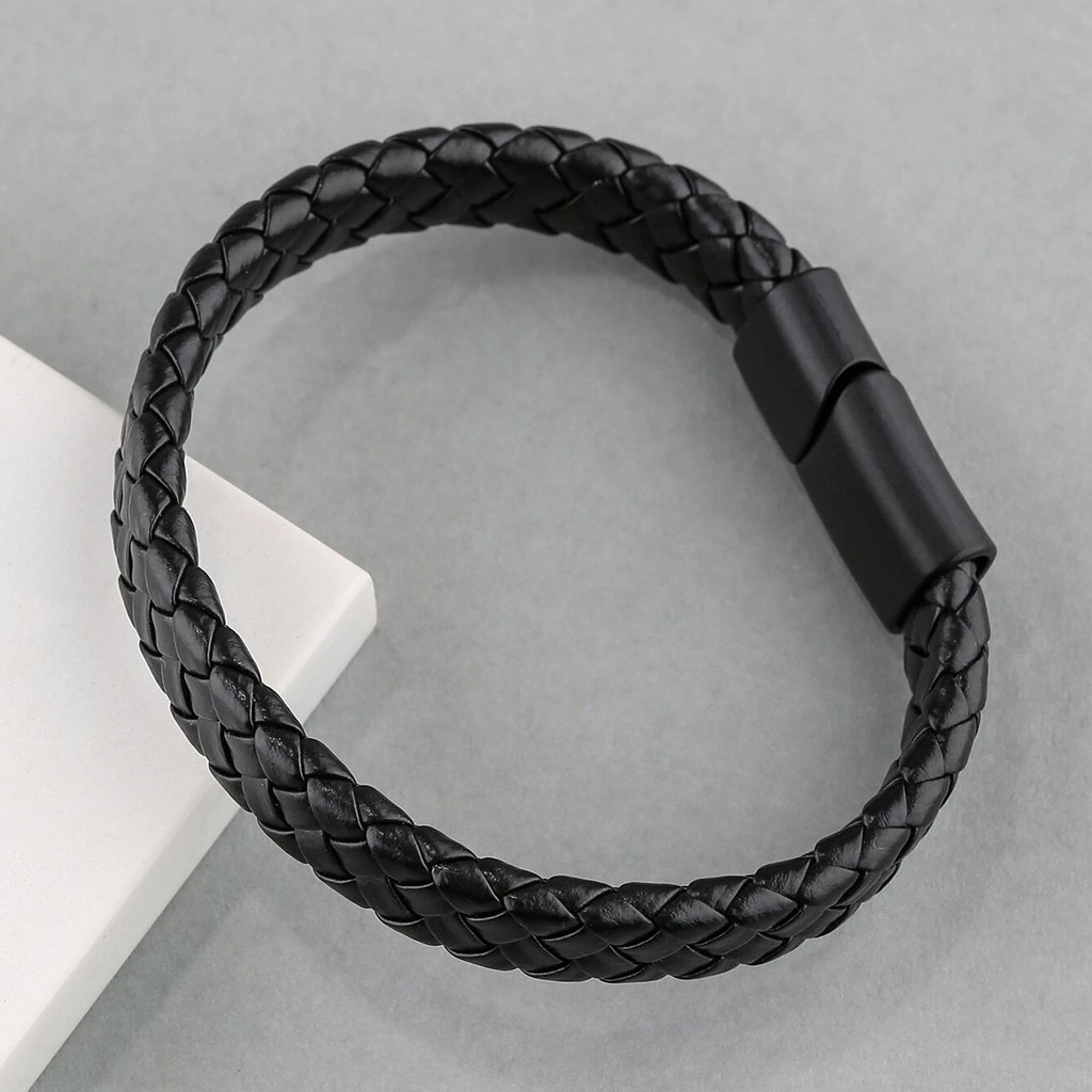 Tomstore.Id Hitam Gelang Kulit Tenun Pria Gelang Pria Keren Gelang Kulit Stainless Perhiasan Gelang