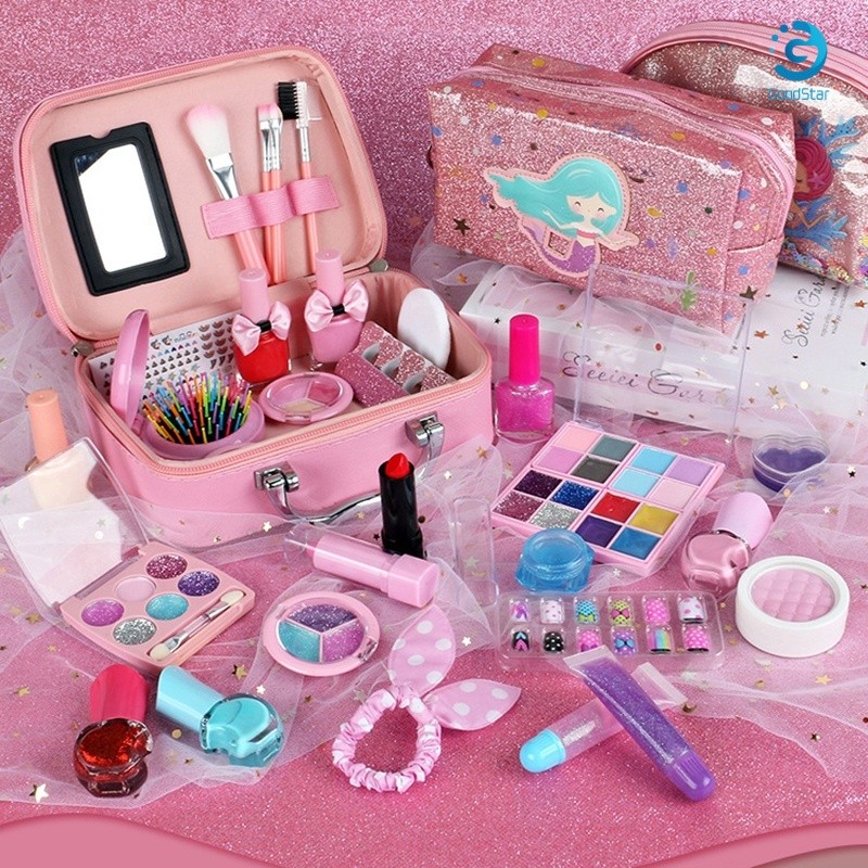 【GoodStar】Girls Makeup Toys Kosmetik Kotak Bermain Princess Makeup Tas Girl Toy Play Set Lipstik Eye