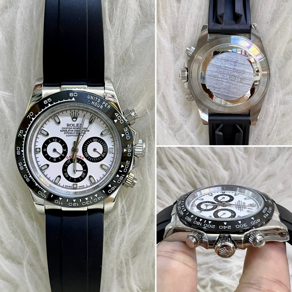 JAM TANGAN PRIA ROLEX DAYTONA PANDA SILVER KARET PLAT PUTIH AUTOMATIC JAPAN MOVEMENT DIAMETER 40MM