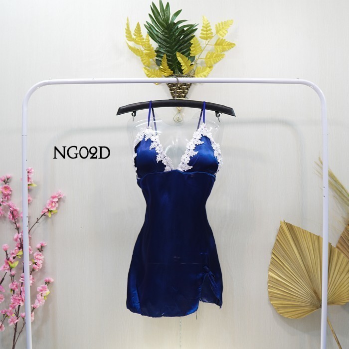 Sleep Wear Lingerie Wanita Night Gown Satin Lace Navy Ng02D