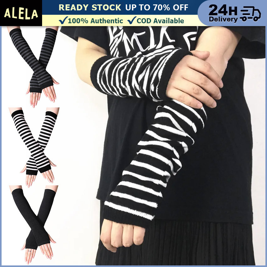 Manset Tangan Jempol Stripe Kawaii Jepang Sarung Lengan Rajut Wanita Winter Fingerless Arm Warmer