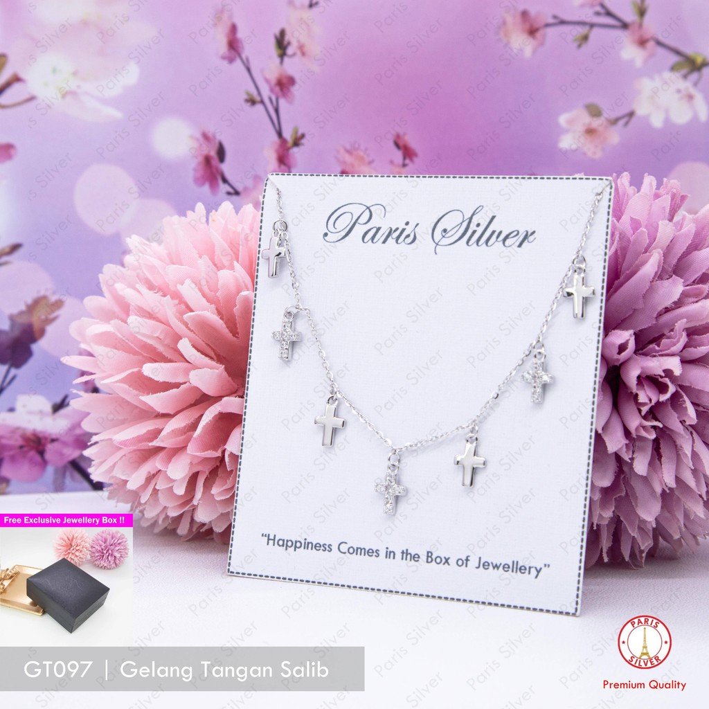 Gelang Salib Wanita Perak 925 Silver Asli Lapis Emas Putih Polos Rosario Salip Permata Cewek