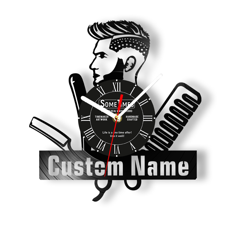 Custom Barber Shop Name Sign Vinyl Record Wall Clock For Man Club Hair Salon Personalized Hairdresse