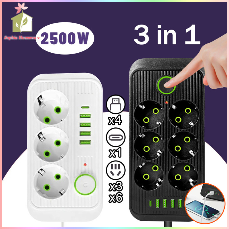 Colokan Listrik Power Socket Stop Kontak Fast Charging 3/6 Socket 4 USB 1 Type C Port 2 Meter