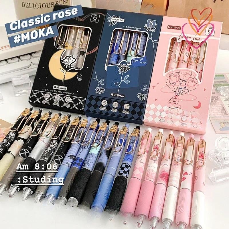 

6pcs/set Retro European Style Gel Pen Vintage Rose Red Series Stationery 0.5mm Black Ink Scrapbook Pen Student Supplies School