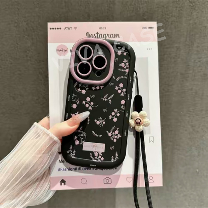 Casing HP silikon hitam lembut motif bunga pink dan daun hijau untuk wanita Kompatibel untuk OPPO ca