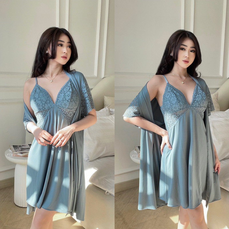 CUCI GUDANG Cyelinee Sleep Wear Dress + Kimono + Panties + Belt Winter Blue