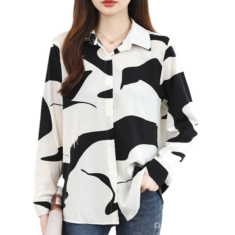 Atasan Lengan Panjang Hitam Dan Putih Kemeja Versi Korea Kasual Sederhana OL kemeja Sifon Wanita