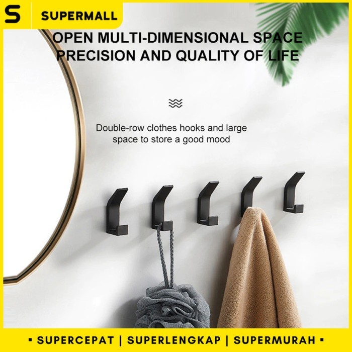 

SUPERMALL Hook Dinding Aluminium - Kapstok Hook Gantungan Hanger Baju - Black - 5 pcs