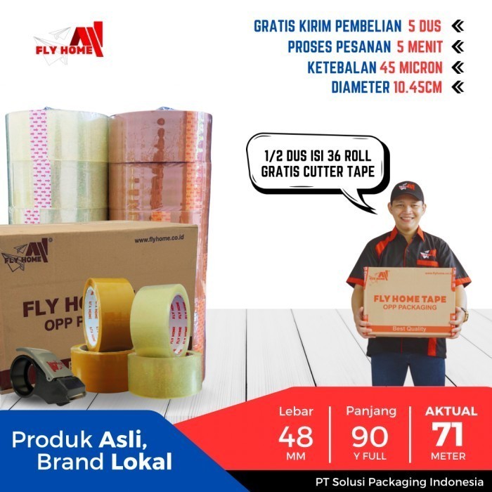 

FLYHOME Lakban bening coklat 48x90yard 2inchi 36roll ukuran FULL 71M 1/2dus