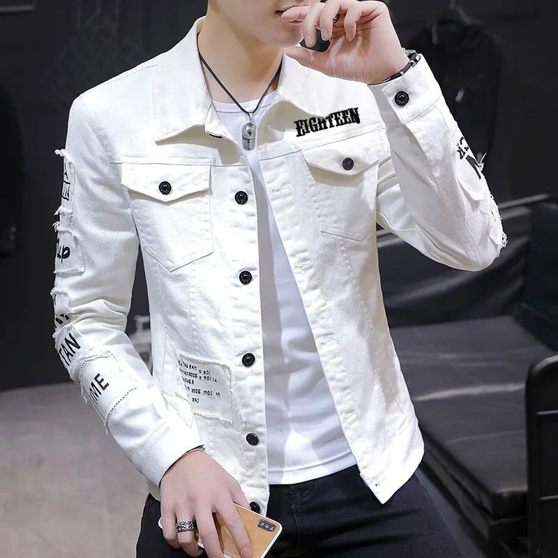 Jaket jeans pria atasan cowok bahan denim tebal polos sobek-sobek Eighteen
