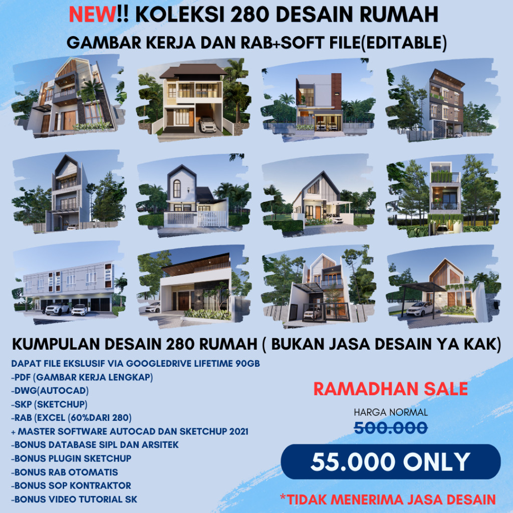 KUMPULAN FILE 250 DESAIN RUMAH SOFTFILE DWG SKETCHUP DAN RAB