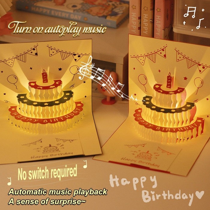 KARTU UCAPAN ULANG TAHUN POP UP 3D MUSIK LAMPU AESTHETIC - BIRU MUSIK