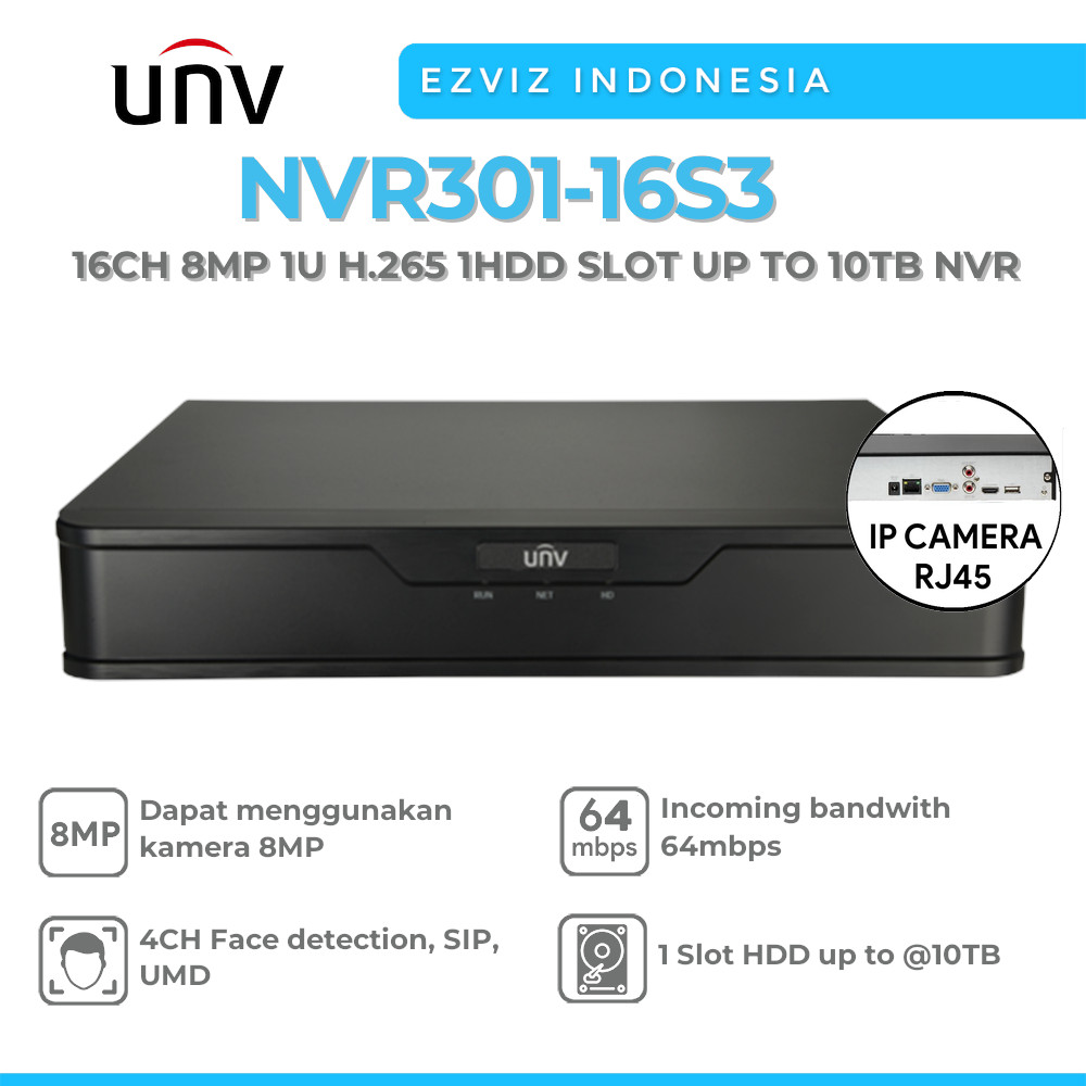 UNV NVR301-16S3 UNIVIEW 16CH 8MP 1U H.265 1HDD SLOT UP TO 10TB NVR