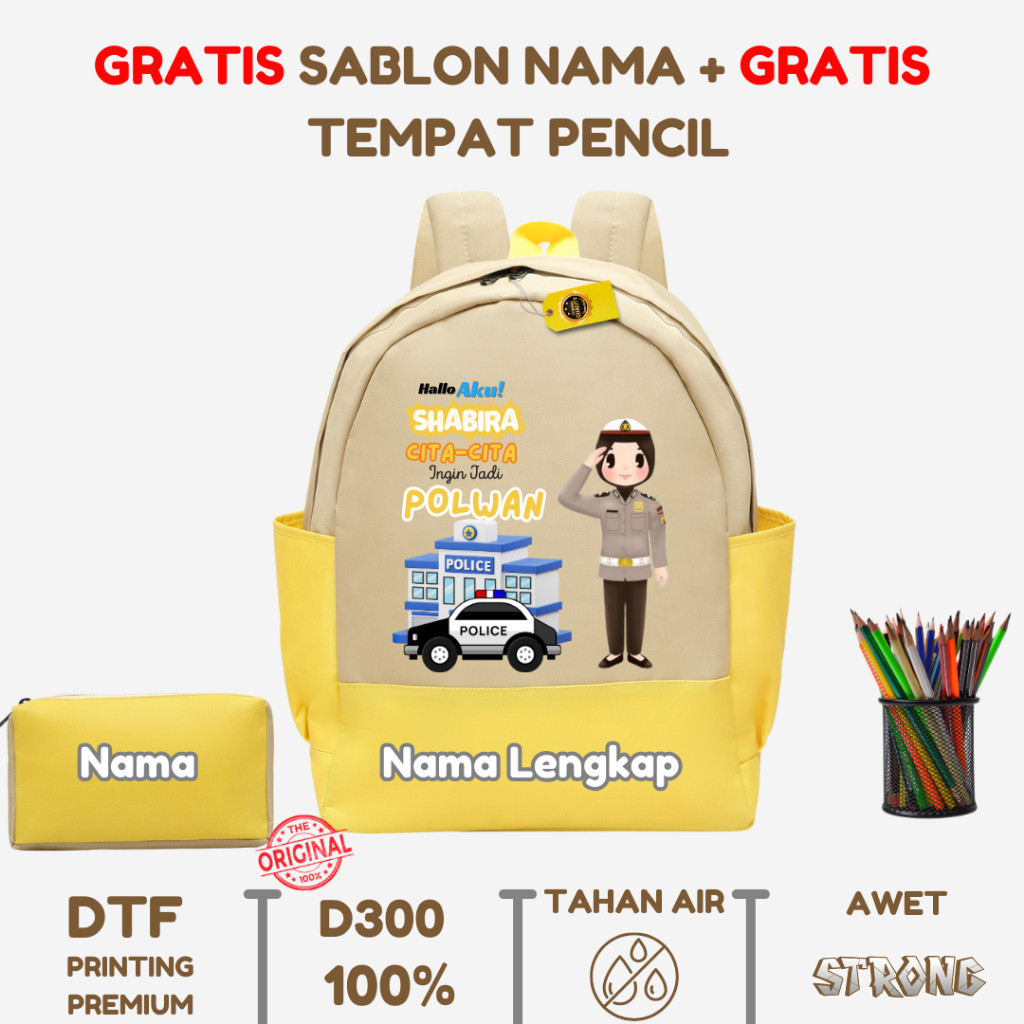 Tas Ransel Cita-Cita Polwan - Tas Ransel Anak Custome Nama - Tas Ransel Anak Sekolah Tk SD - Orange 