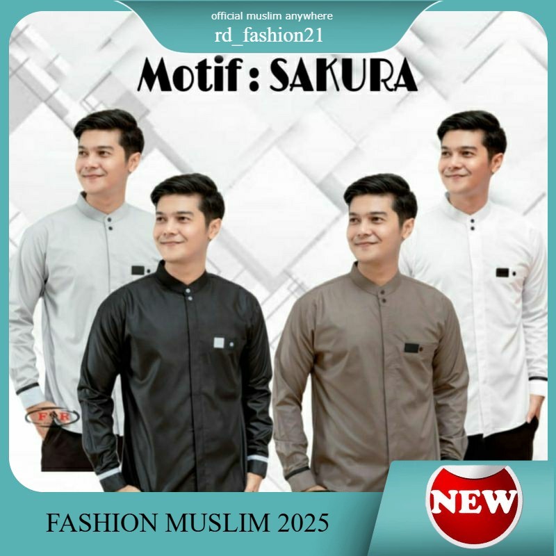 Baju Koko Muslim Dewasa Lengan Panjang Kemeja Koko Kombinasi Motif Sakura Terbaru Sragam Lebaran