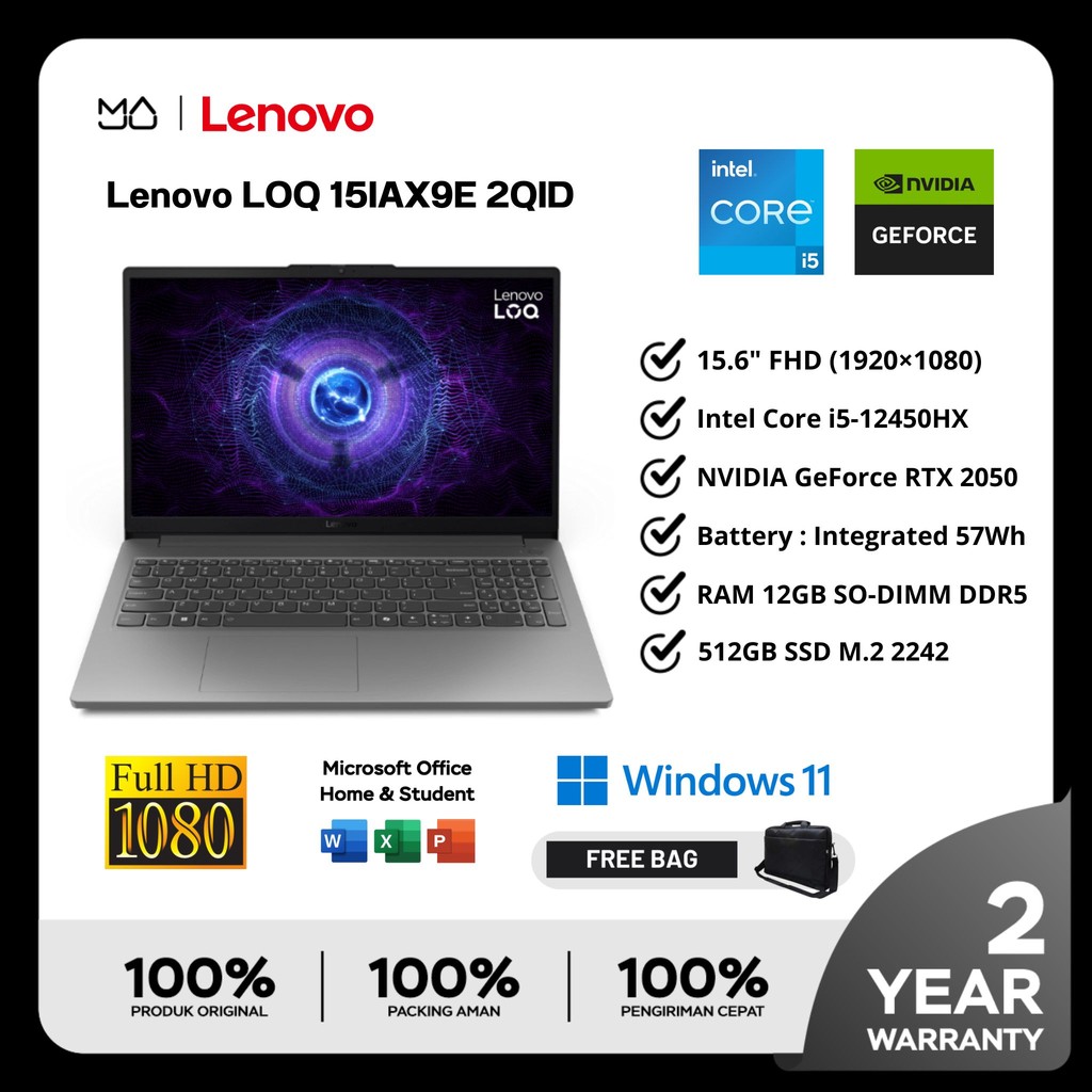Laptop Lenovo LOQ 15IAX9E i5-12450HX 12GB SSD 512GB RTX2050 - Garansi 2 Tahun