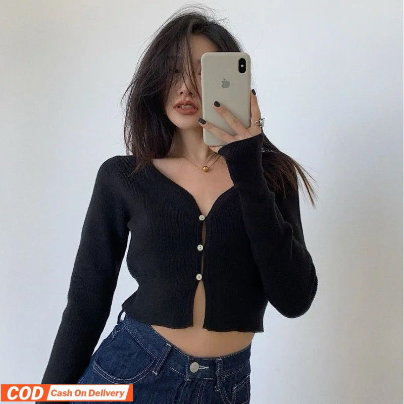 Cardigan Blazer Knitted Long Sleeve Crop Top Blazer Kardigan Rajut Lengan Panjang Kancing Rajut Teba