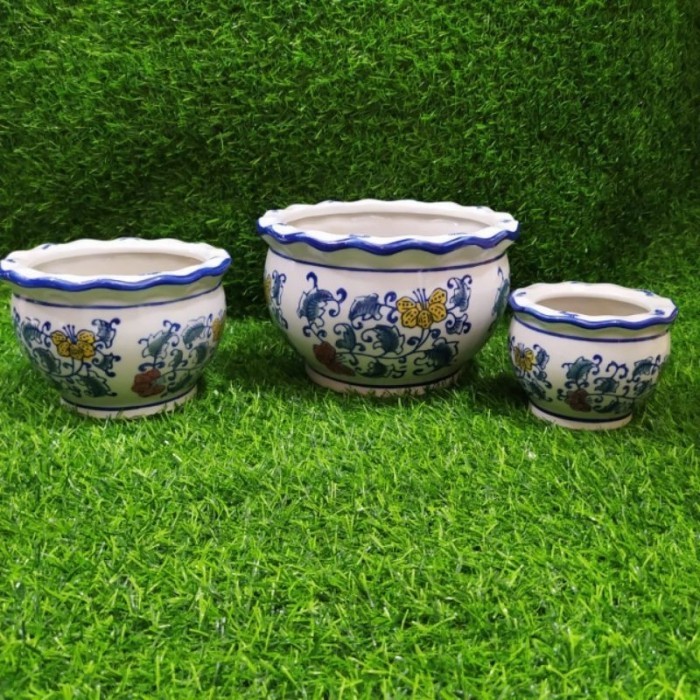 Pot keramik biru putih model warna set/ Pot Tanaman keramik Biru Putih