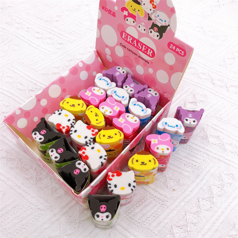 

Eraser Sanrio 24pcs cartoon cute Kuromi Hello Kitty Cinnamoroll Pom Purin strip eraser stationery eraser pupils learning gifts