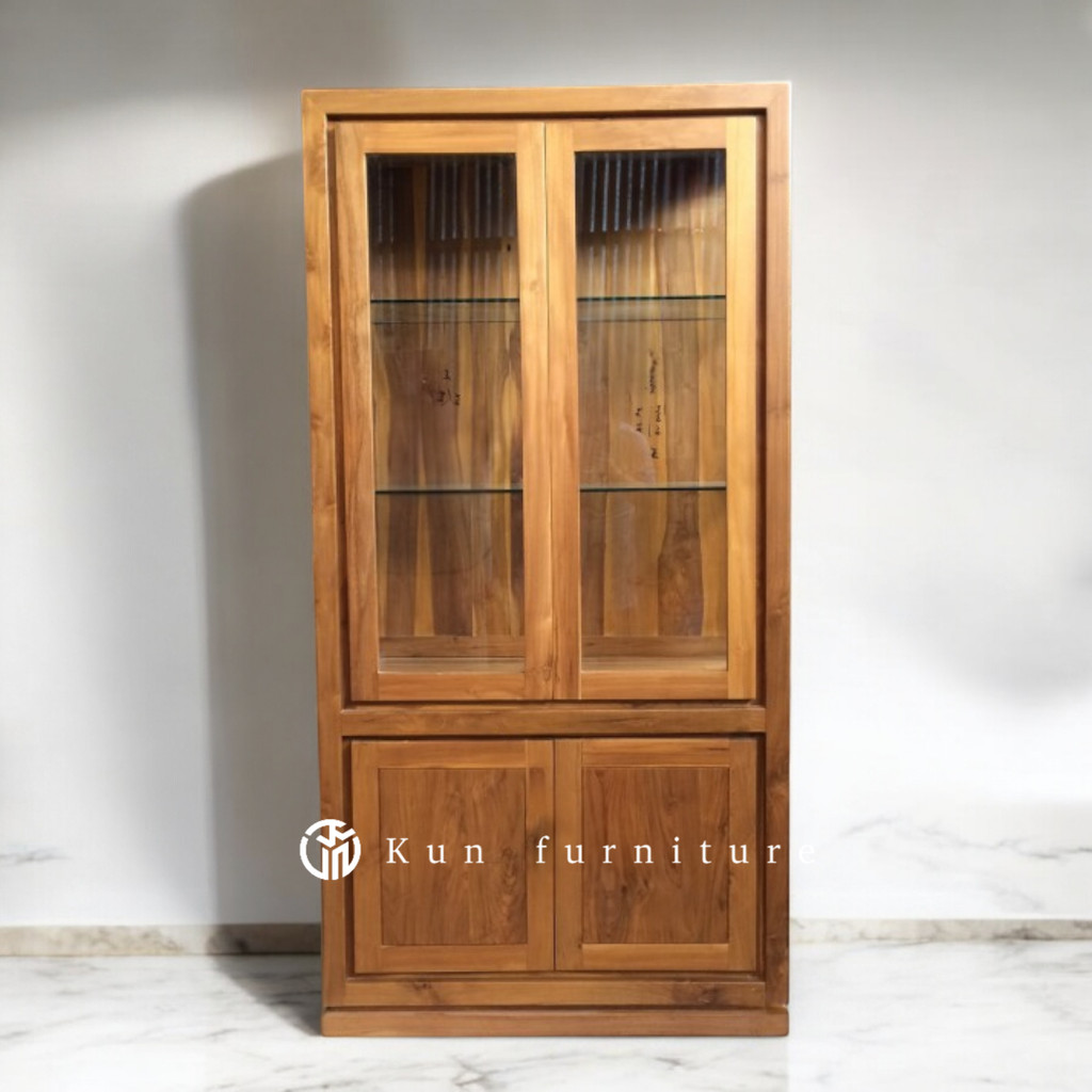 Lemari hias lemari buku pajangan kaca minimalis kayu jati