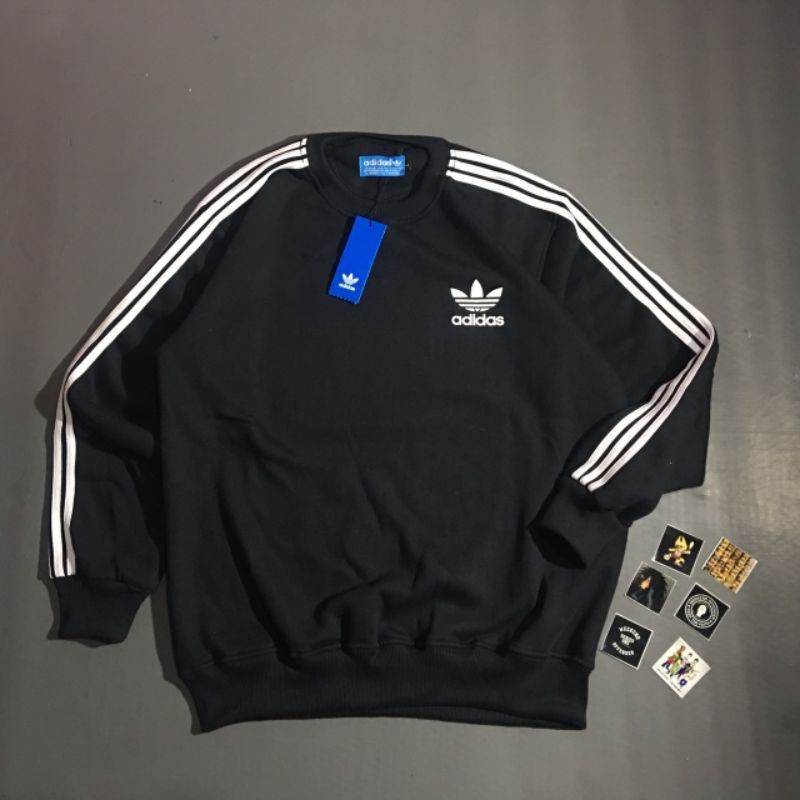 Sweater Crewneck Adidas Firebird 3 Stripe Hitam Jaket Pria Wanita Casual Distro Branded Unisex Black