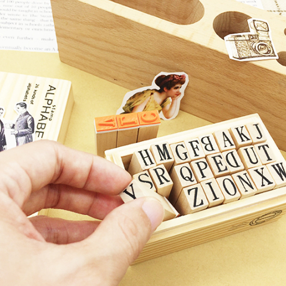 

Wooden ABC Stamps 26 Pieces Alphabet Stamps Letters Wood Mounted Rubber Stamps for Making DIY Crafts Scrapbooking