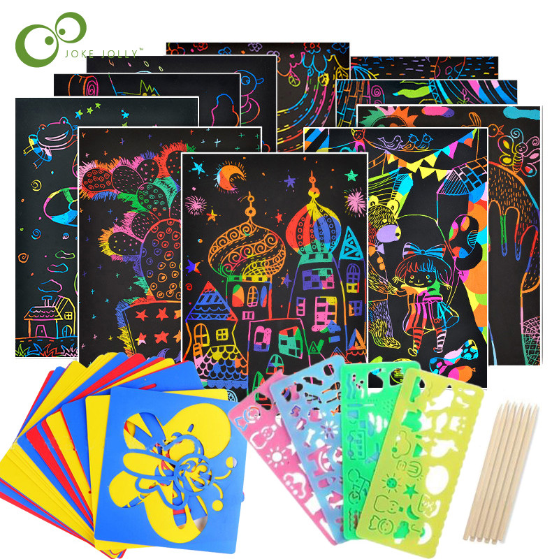 

Magic Color Rainbow Scratch Art Paper Card Set with Graffiti Stencil for Drawing Stick DIY Art Painting Toy for Children GYH