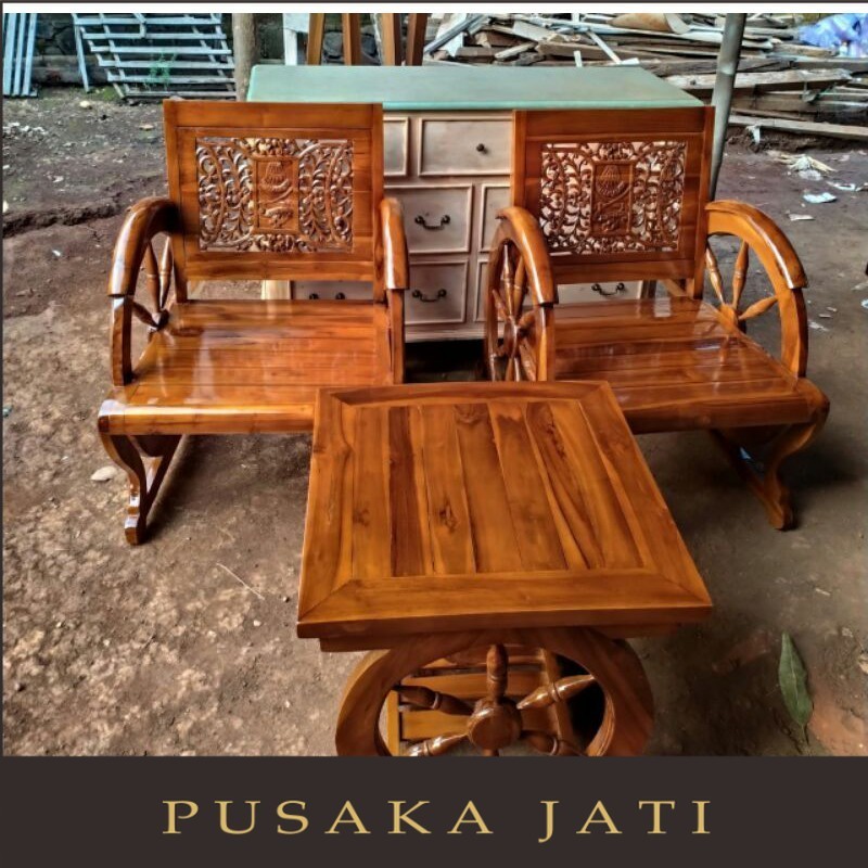 KURSI TERAS BECAK UNIK 2 KURSI DAN MEJA TERAS UKIRAN ASLI JEPARA BAHAN KAYU JATI