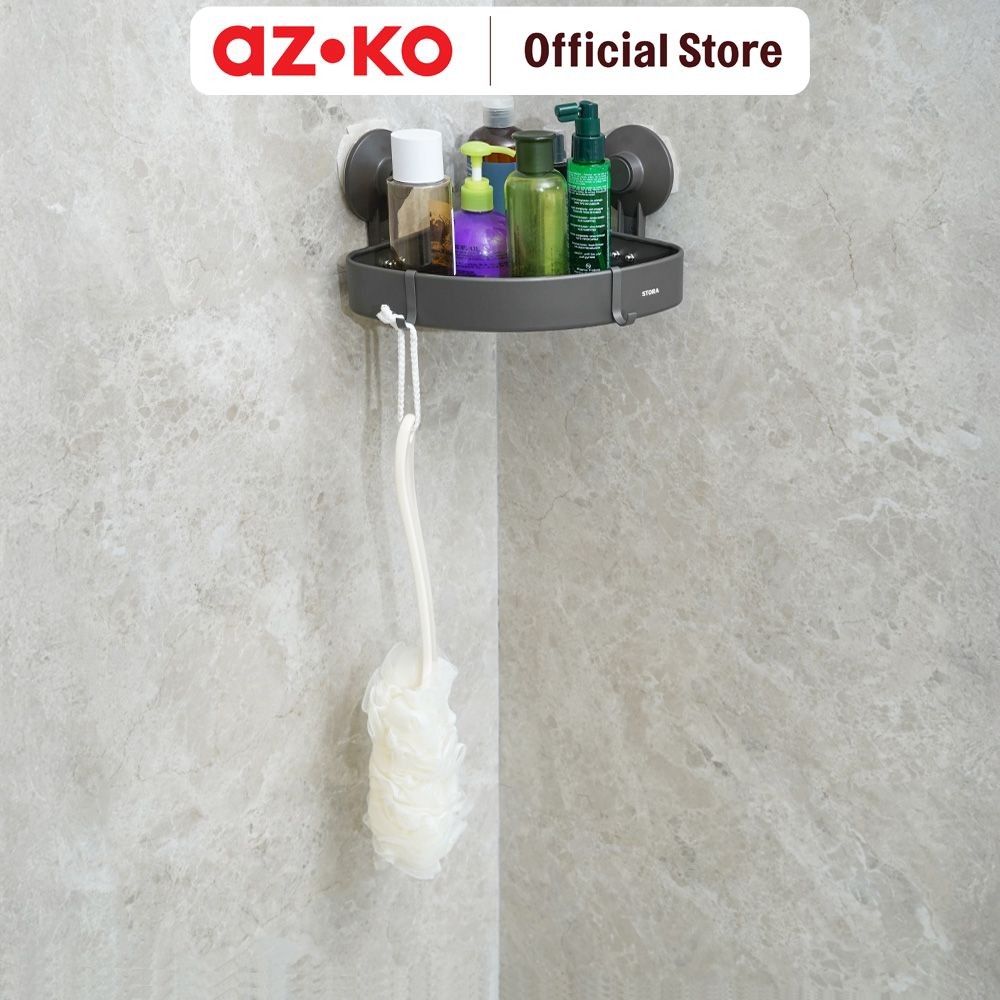 AZKO Stora Rak Sudut Kamar Mandi Dengan Suction - Abu-Abu Gunmetal Shower Wall Shelf Corner Rak Temb