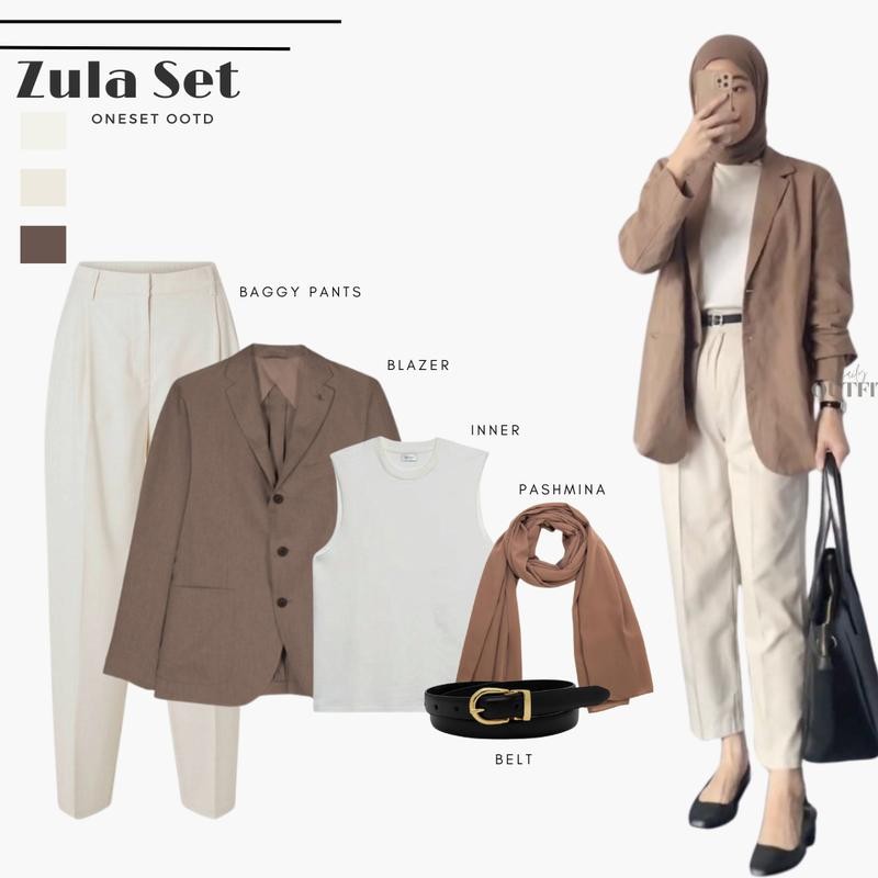 Zula One set OOTD Casual ( Blazer + Inner + Celana + Hijab + Belt ) Outfit Ngantor 5 in 1