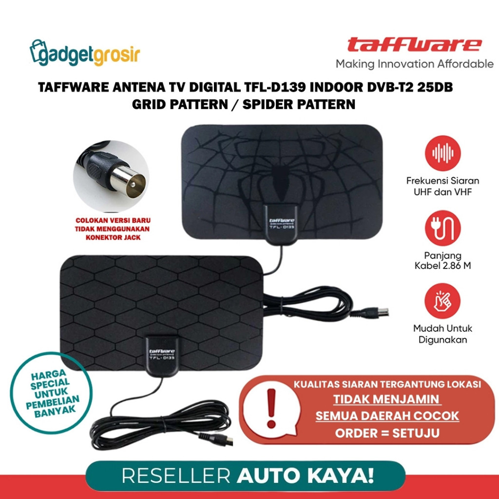 Antena TV Digital Taffware TFL D139 Booster Original STB High Gain 25-dB Indoor Kabel 3 Meter VHF UH