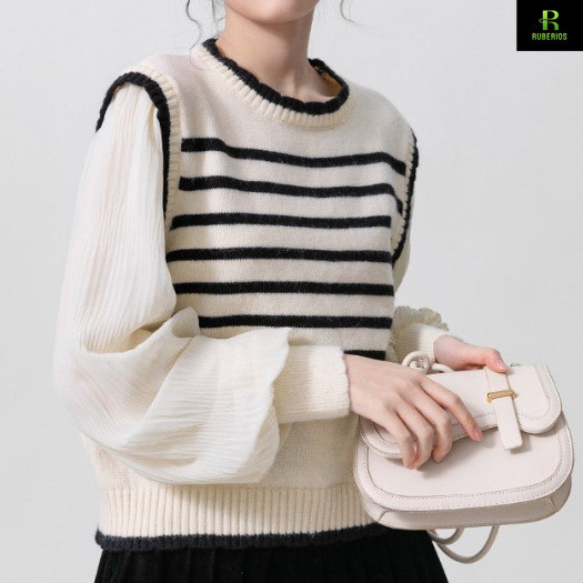LADY COLLECTION - Atasan Rajut Wanita Lengan Balon Panjang Putih - Knitwear Tangan D28