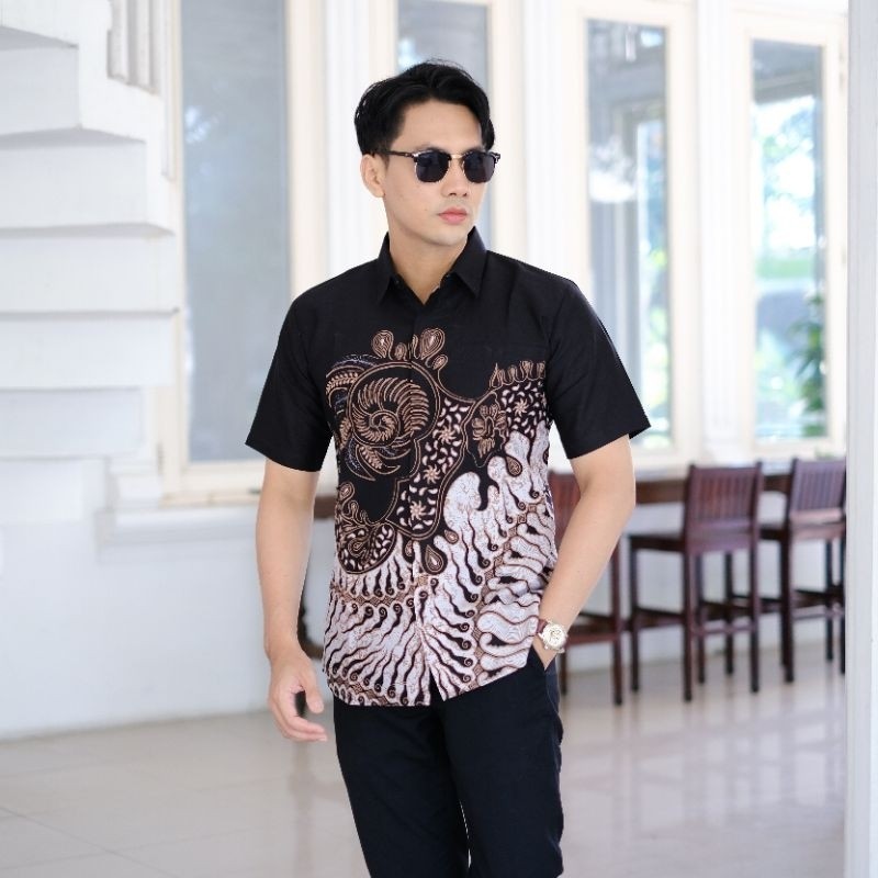 FREE ONGKIR batik pria slimfit motif KERTABUMI HITAM, Kemeja batik pria lengan pendek bahan katun pr