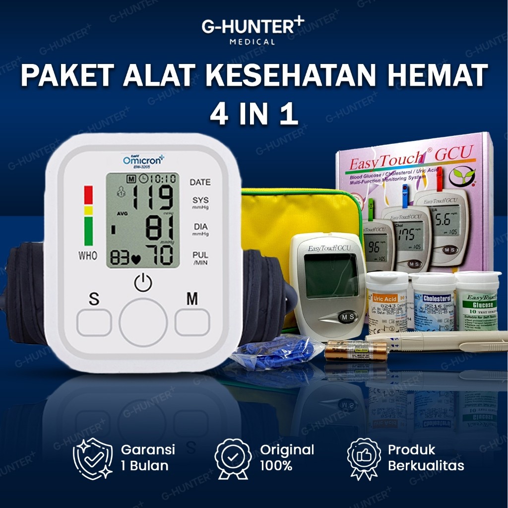 Paket Bundling 4 In 1 Tensimeter Digital / Easytouch Alat Tes Gula Darah, Kolesterol, Asam Urat 3 in