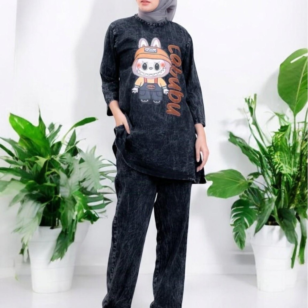 Baju Gamis Casual Wanita Dewasa Model Setelan Dress Labubu Orange Text Viral Terlaris Jeans Denim Bl