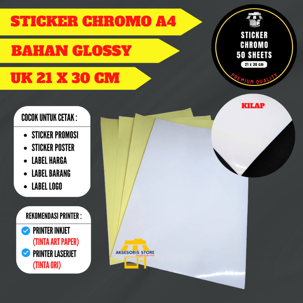 

STICKER CHROMO A4 ISI 50 LEMBAR / KERTAS STIKER GLOSSY MENGKILAP A4