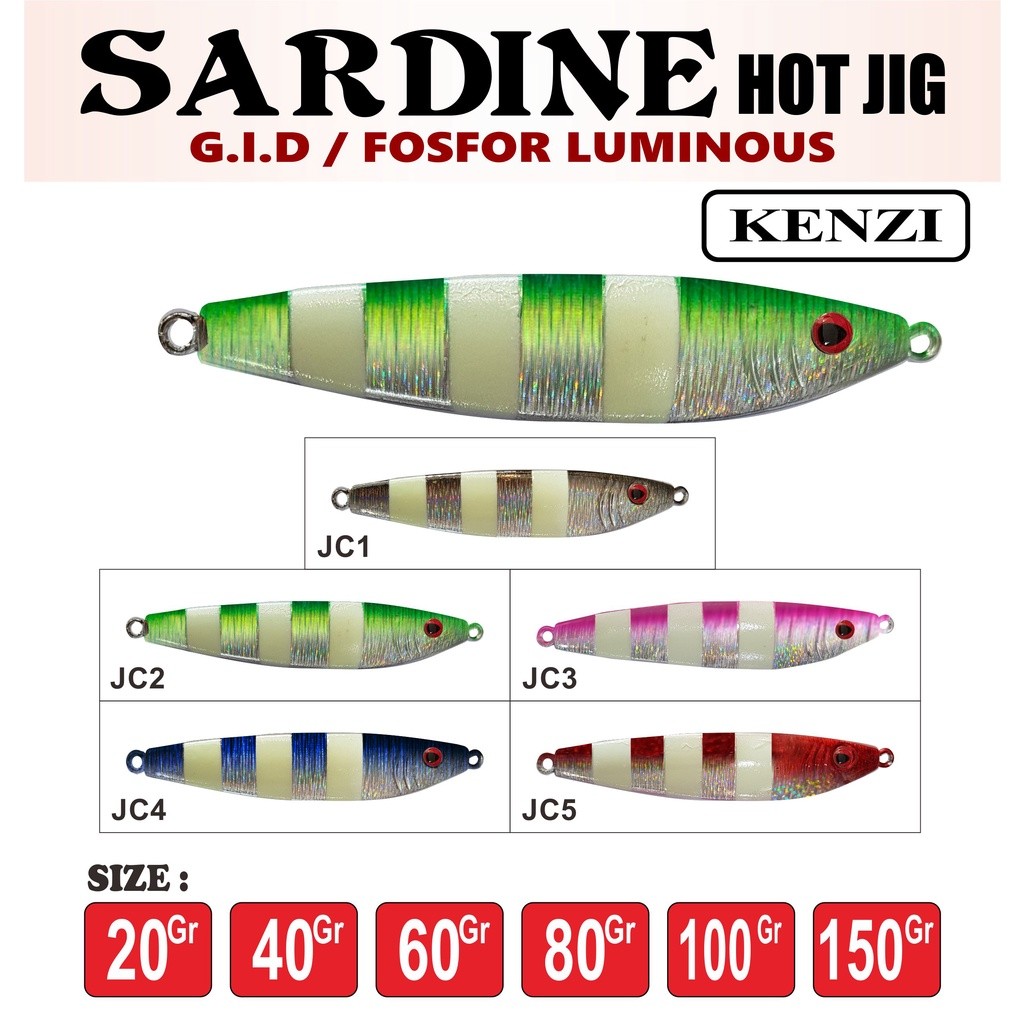 METAL JIG KENZI SARDINE 
20gr 40gr 60gr 80gr 100gr 150gr Umpan Pancing