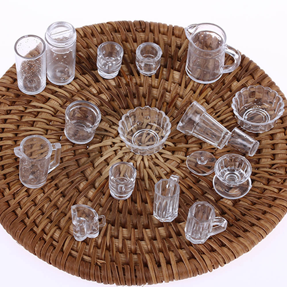 

15PCS/Lot Miniature Cup Dish Bowl Simulation Tableware Set Acrylic Transparent Kids Kitchen Toy Dollhouse Decoration Accessories