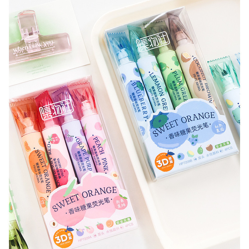 

4pcs Fruit Scented Stabilo Set Highlighter Cute Spidol Warna Warni 1 Set Stabilo Pastel Highlight Pena Lucu Journal Marker Pen Alat Tulis