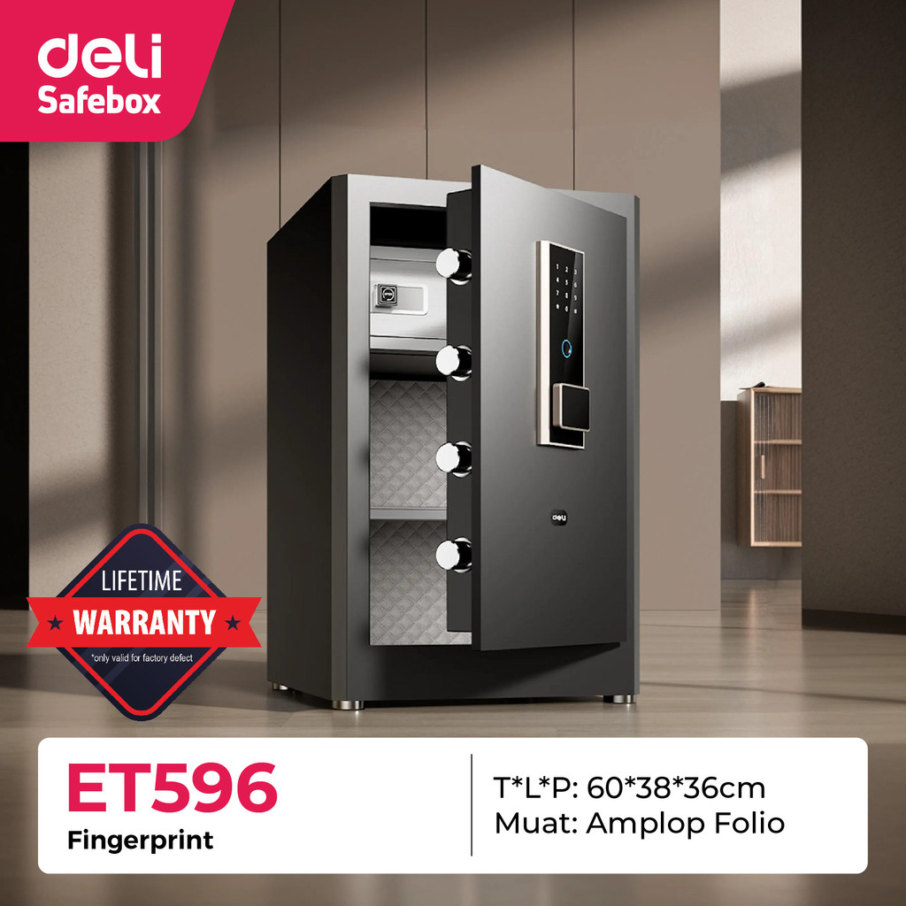 

Digital Safe Box Carbon Steel DELI ET 596 Finger Print - Brankas Digital Besar Premium / Cash Box ET596